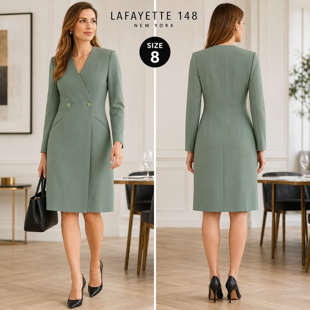 Lafayette 148 New York Caper Dress Sage Green Double Breasted V-Neck‎ NWT 8